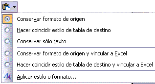 opciones de pegado