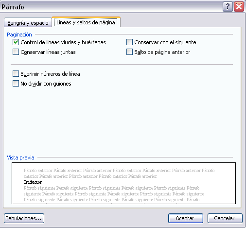 Di�logo P�rrafo L�neas y saltos de p�gina