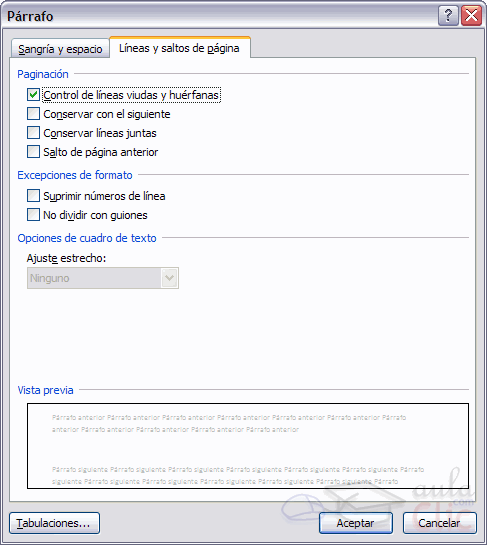 Di�logo P�rrafo L�neas y saltos de p�gina